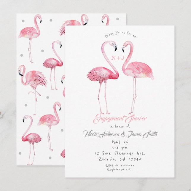 Convite Dois Flamingos Chuveiro de Noivado de Flamingo Ver (Frente/Verso)