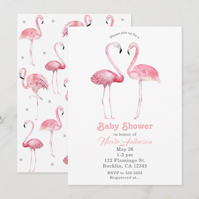 Convite Dois Flamingos Rosa Chuveiro de Bebê Tropical Flam (Frente/Verso)