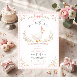 Convite Dois Ganso Bobo Rosa Floral 2º Aniversário