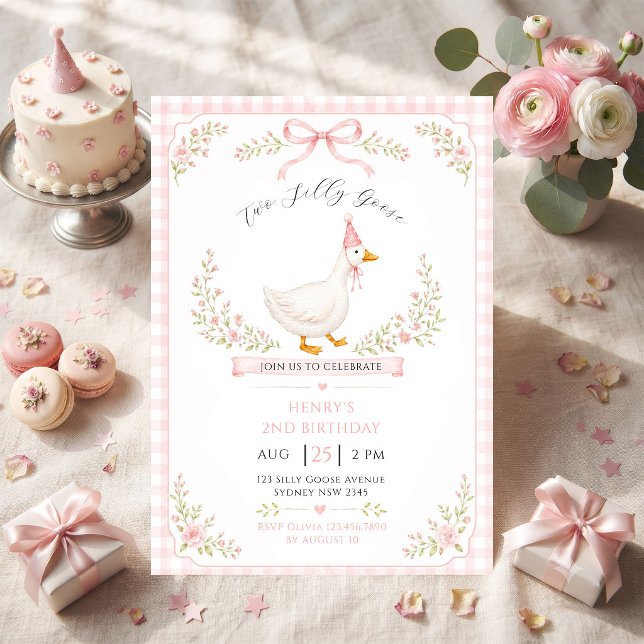 Convite Dois Ganso Bobo Rosa Floral 2º Aniversário (Criador carregado)