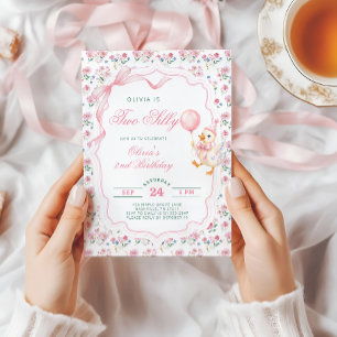 Convite Dois Ganso Bobo Rosa Floral Menina 2º Aniversário
