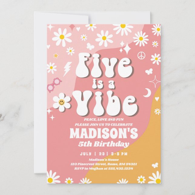 Convite Dois Groovy 5 Birthday Rainbow Peace Love Party (Frente)