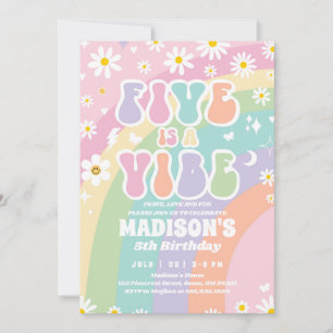 Convite Dois Groovy 5 Birthday Rainbow Peace Love Party
