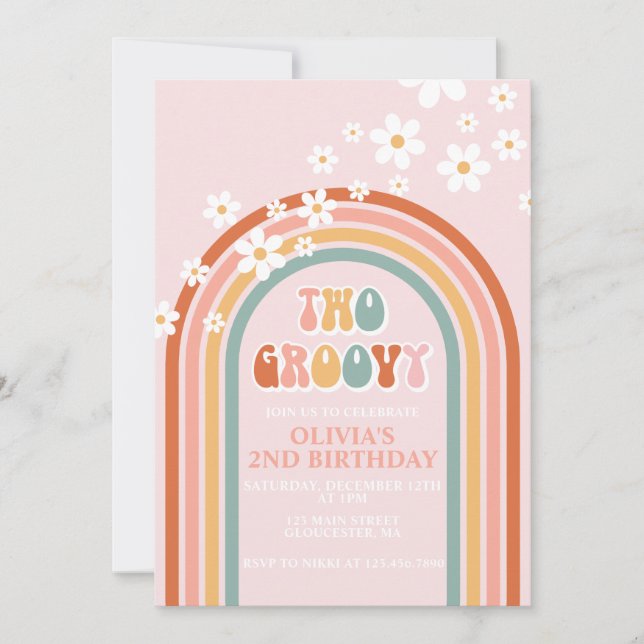 Convite Dois groovy daisy boho floral arco-íris 2º anivers (Frente)