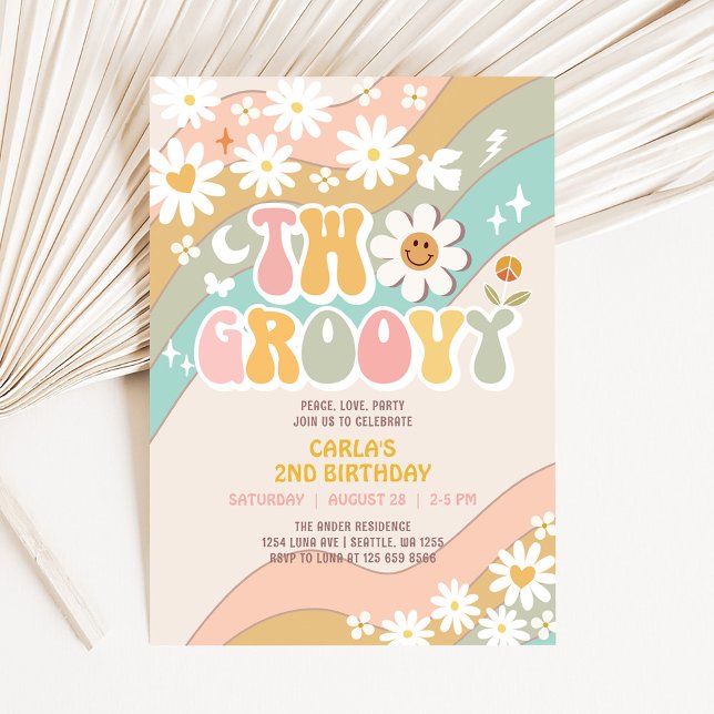 Convite Dois Groovy Daisy Hippie 70's Retro Birthday (Criador carregado)