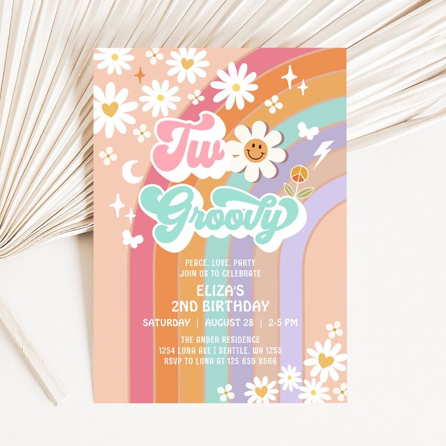 Convite Dois Groovy Hippie Daisy Rainbow 2º Aniversário (Criador carregado)