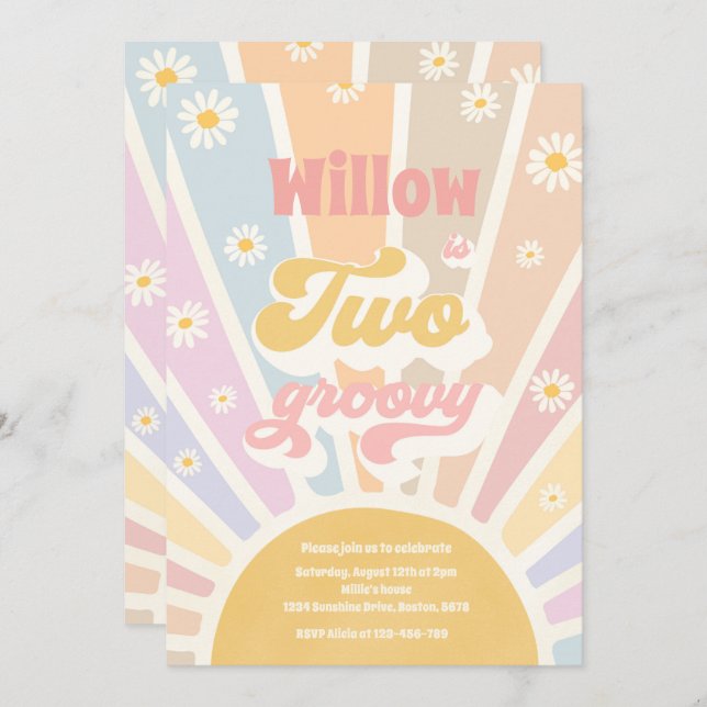 Convite Dois Groovy Hippie segundo aniversário Sunshine Da (Frente/Verso)