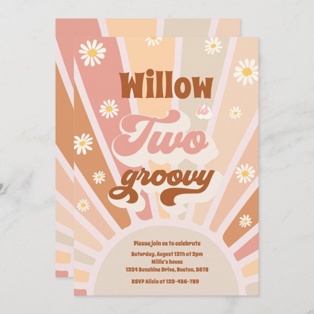 Convite Dois Groovy Hippie segundo aniversário Sunshine Da (Frente/Verso)