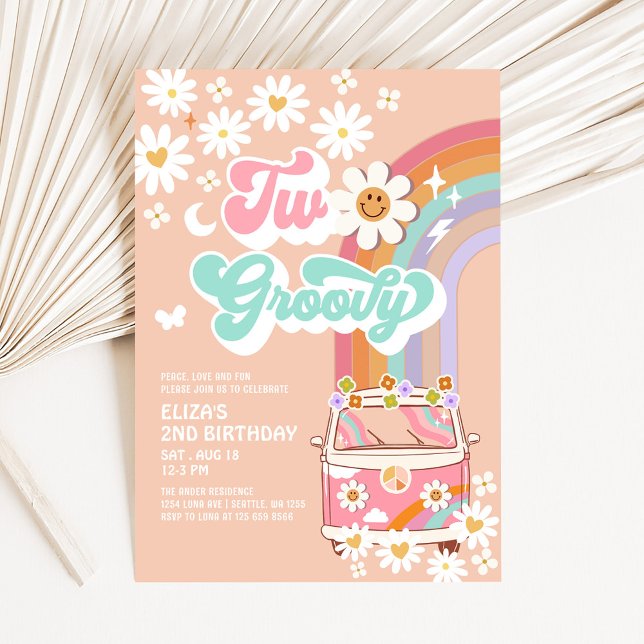 Convite Dois Groovy Pink Daisy Rainbow Van 2º Aniversário (Criador carregado)