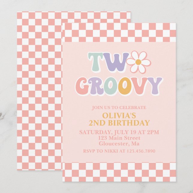 Convite Dois Groovy Retro Daisy e Checker 2º Aniversário (Frente/Verso)