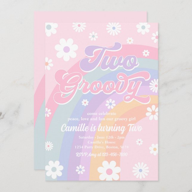 Convite Dois Groovy Retro Daisy Pastel Rainbow Aniversário (Frente/Verso)