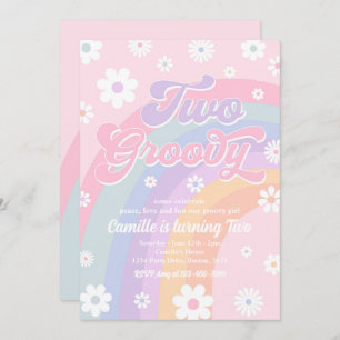 Convite Dois Groovy Retro Daisy Pastel Rainbow Aniversário