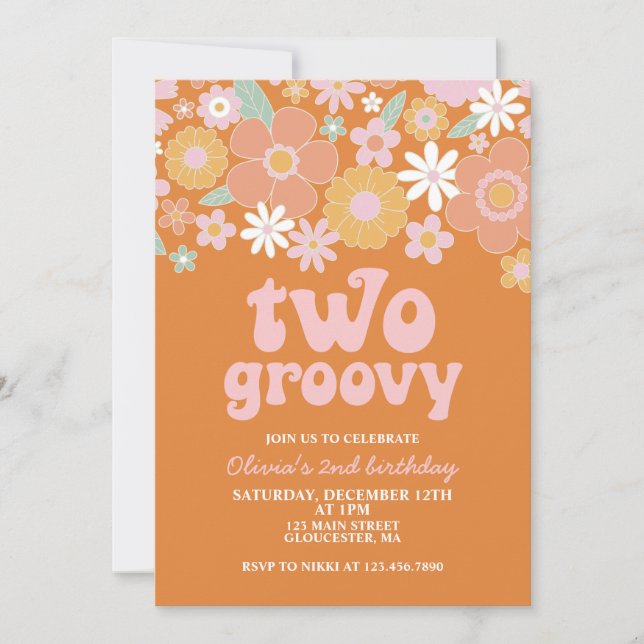Convite dois Groovy Retro Floral 2º aniversário (Frente)