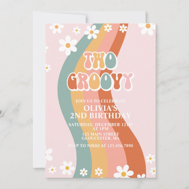 Convite Dois Groovy Retro margarida arco-íris 2º aniversár (Frente)