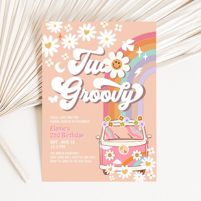 Convite Dois Groovy Rosa Margarida Arco-Íris Hippie 2º Ani (Criador carregado)