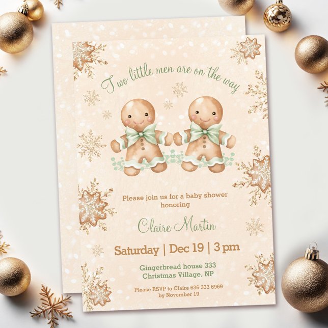 Convite Dois Homens Gingerpão Gêmeos Chá de fraldas de Nat (Two Gingerbread Men Twins Christmas Baby Shower Invitation)