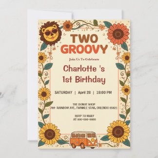 Convite Dois Leão Groovy Aniversário Retro 70s 2º Aniversá