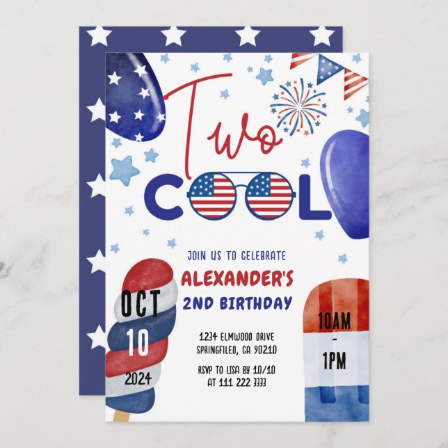 Convite Dois Legal de 4 de julho, segundo aniversário Azul (Frente/Verso)