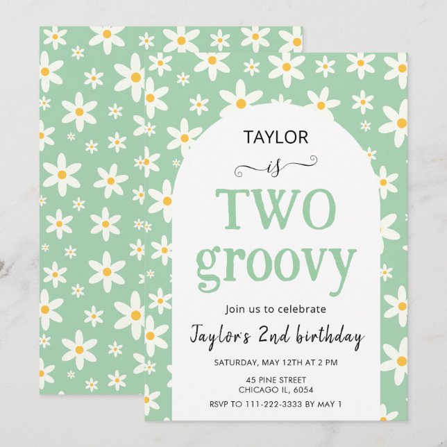 Convite DOIS lindos Verde Menta Daisy 2º Aniversário (Frente/Verso)