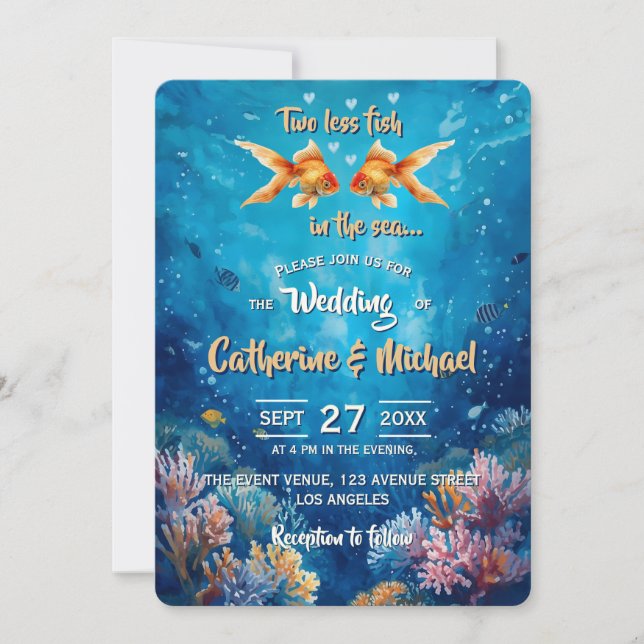 Convite Dois Menos Peixes No Casamento Subaquático (Frente)