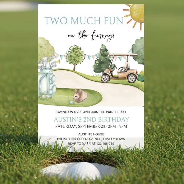 Convite Dois Muito Diversão Tema de golfe Festa de Par- 2º (Two Much Fun on the Fairway - golf themed 2nd birthday party invitation)
