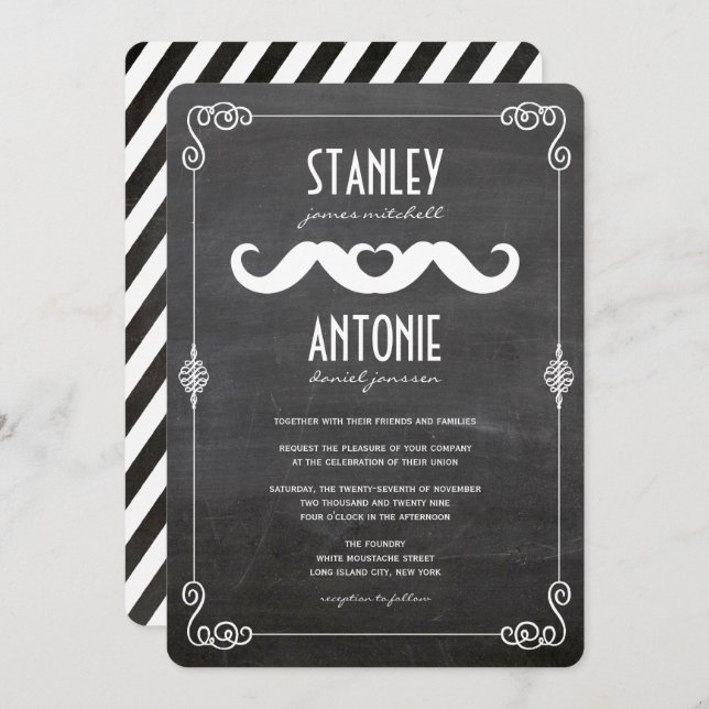 Convite Dois Mustaches Adoram Casamento de Gay de Chalkboa (Frente/Verso)