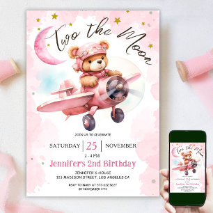 Convite DOIS na Lua 2º Aniversário Menina Rosa