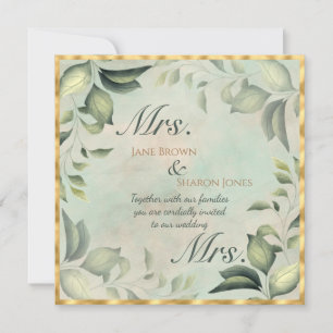 Convite Dois Noivos Casamento Lésbico Aquarela Folhagem