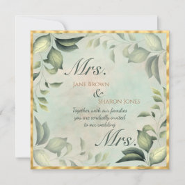 Convite Dois Noivos Casamento Lésbico Aquarela Folhagem