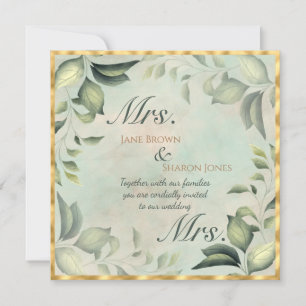 Convite Dois Noivos Casamento Lésbico Aquarela Folhagem
