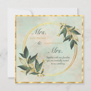 Convite Dois Noivos Casamento Lésbico Aquarela Folhagem