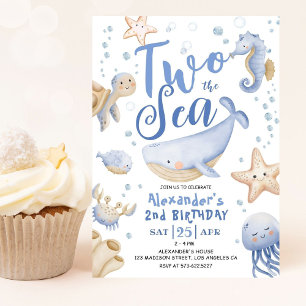 Convite DOIS O Mar 2º Aniversário Menino Azul Fofo Oceano 