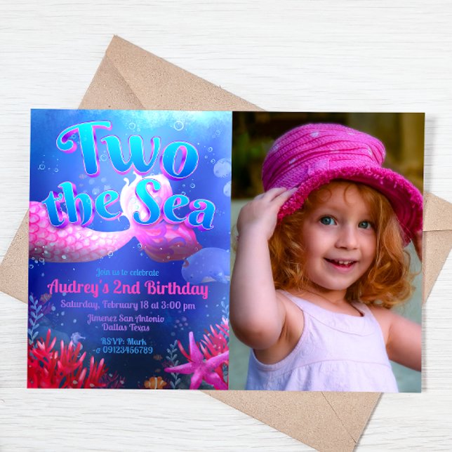 Convite Dois o Mar com Paisagem Fotográfica (Two the Sea - Girl Mermaid 2nd Birthday Landscape Invitation with Picture)