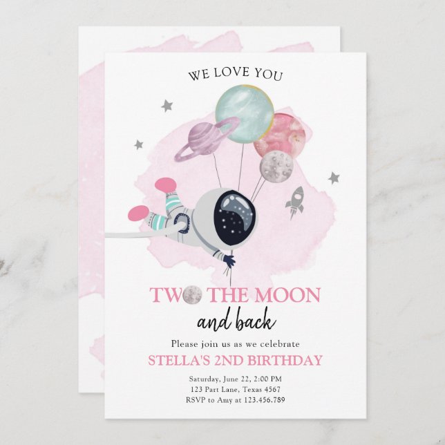 Convite Dois O segundo aniversário Da Moon Astronauta Spac (Frente/Verso)