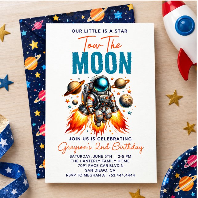 Convite Dois para a Lua 2º Aniversário Espacial (Two the Moon 2nd Birthday Space Invitation)