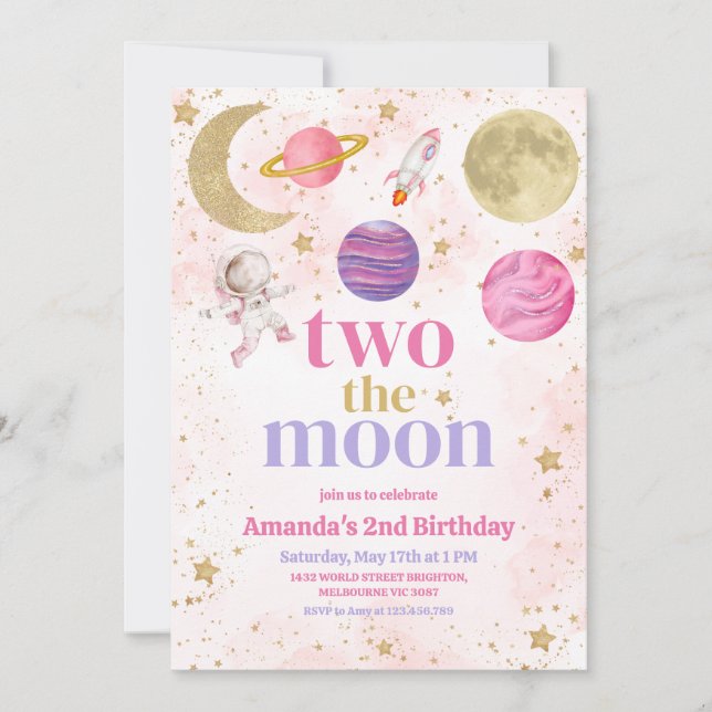Convite Dois para a Lua Aniversário Menina (Frente)