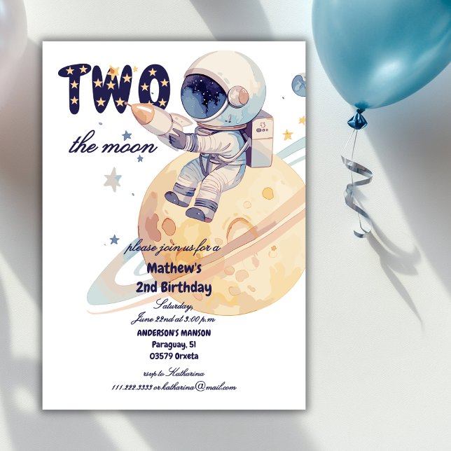Convite Dois Para a Lua Astronauta Planeta 2º Aniversário  (Criador carregado)