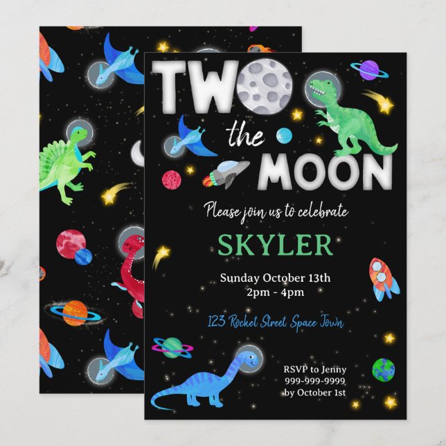 Convite Dois Para a Lua Dinossauro Astronauta 2º Aniversár (Frente/Verso)
