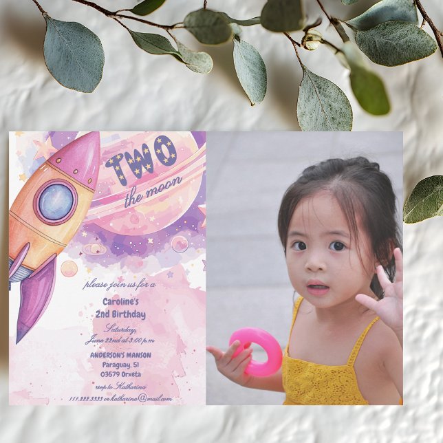 Convite Dois Para a Lua Espaçonave 2ª Foto Rosa Aniversári (Criador carregado)