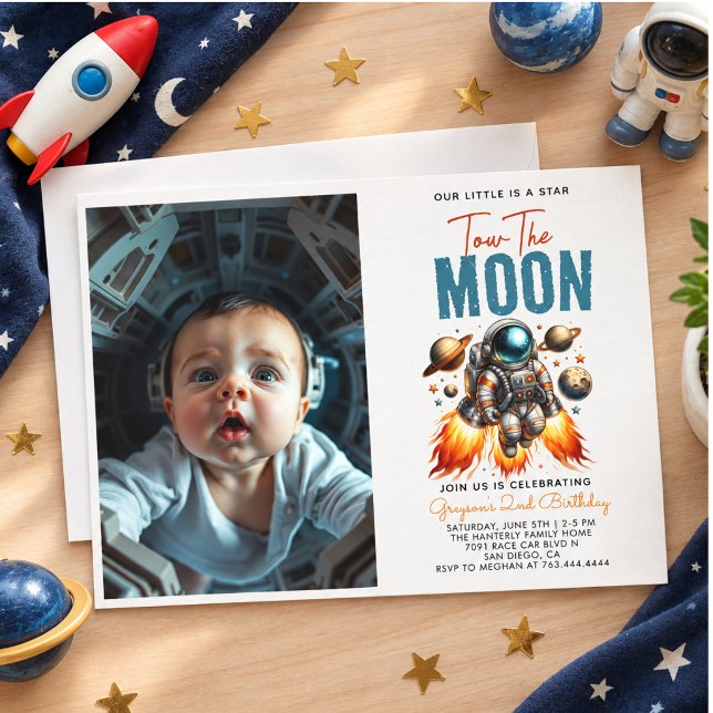 Convite Dois para a Lua Foto Espacial de 2º Aniversário (Two the Moon 2nd Birthday Space photo Invitation)
