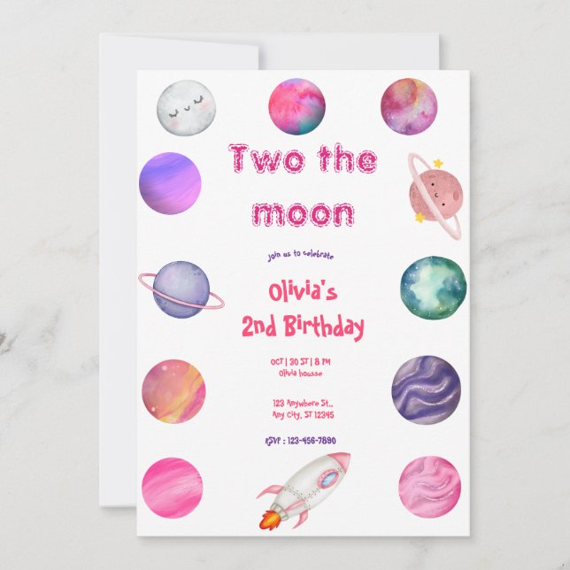 Convite Dois para a Lua Menina Rosa 2º Aniversário (Frente)