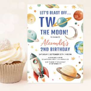 Convite Dois Para a Lua! Menino Galáxia Espaço Festa de 2º