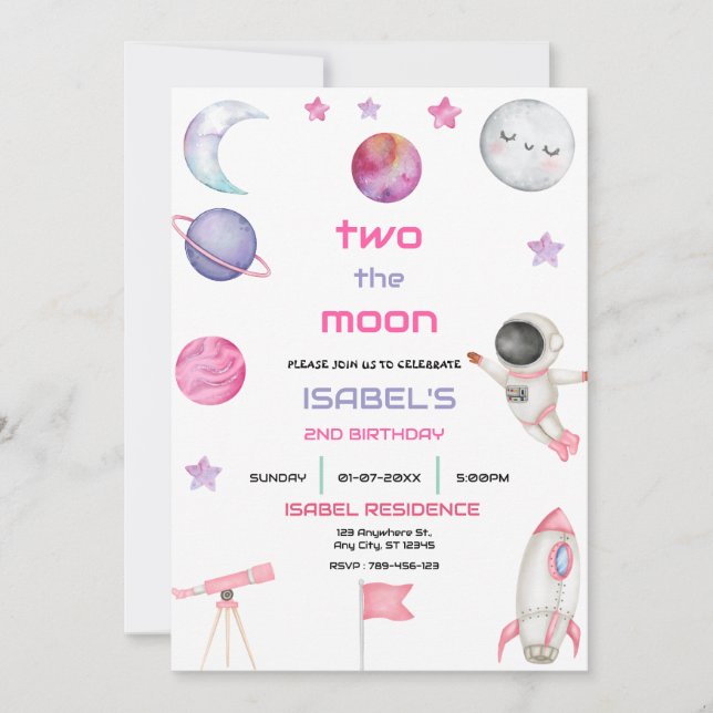 Convite Dois para o Aniversário da Menina na Lua (Frente)