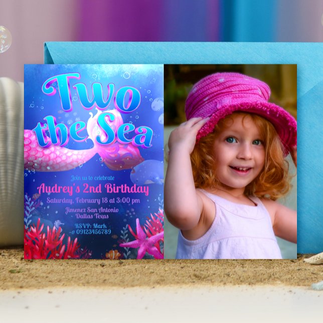 Convite Dois para o Mar com Paisagem de Foto (Two the Sea - Girl Mermaid 2nd Birthday Landscape Invitation with Picture)