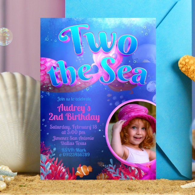 Convite Dois para o Mar - Sereia com Foto (Two the Sea - Girl Mermaid 2nd Birthday Invitation with Picture)