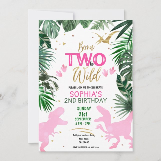 Convite Dois para ser Festa de aniversário rosa WILD Dinos (Frente)