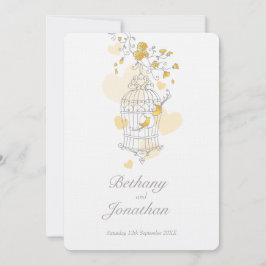Convite Dois pássaros amarelos abrem casamento de aves