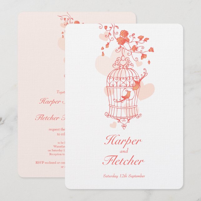 Convite Dois pássaros apaixonados abriram pássaros corais  (Frente/Verso)