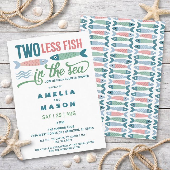 Convite Dois Peixes a Menos no Mar Chá de Bebê de Casais (Two Less Fish in the Sea Couples Bridal Shower Invitation)