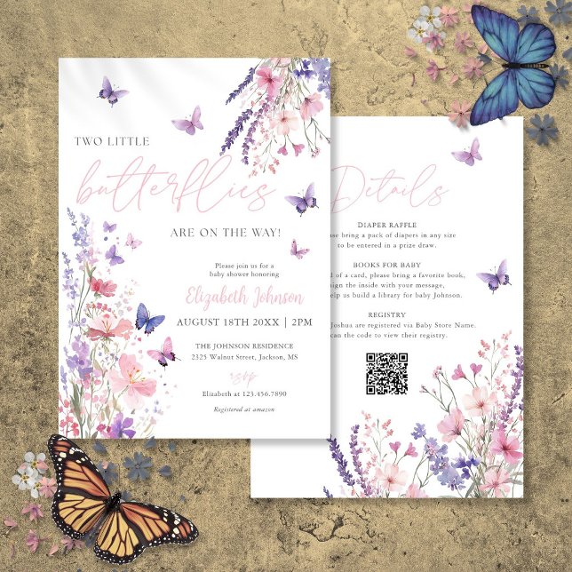 Convite Dois Pequenos Borboletas Gêmeos Chuveiro de Bebê T (Two Little Butterflies Twin Baby Shower All In One Invitation)